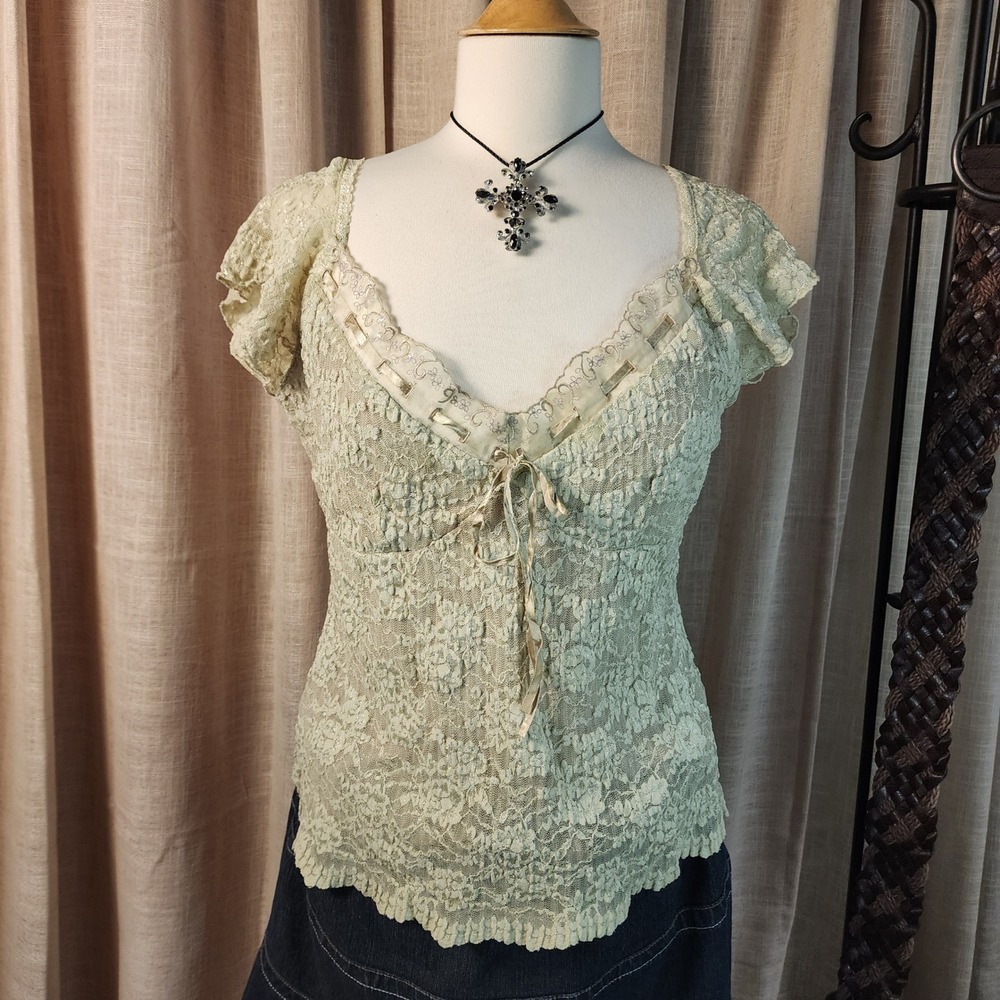 Intuitions Lace Top Womens Large Sage Green Floral Ribbon V-Neck‎ Short Sleeve L